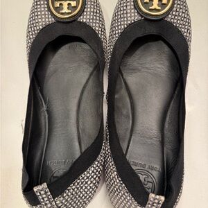 Tory Burch Black and Gray Flats with Gold Medallion